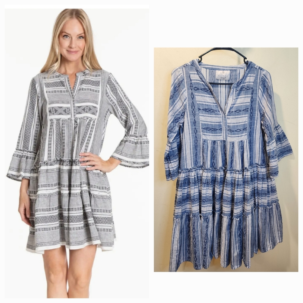 KOPAL by Anthropology  Elegant Blue Striped Long Sleeve Dress With Pocketd XS